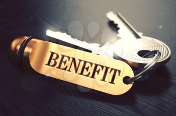 Benefit  Concept. Keys with Golden Keyring on Black Wooden Table. Closeup View, Selective Focus, 3D Render. Toned Image.