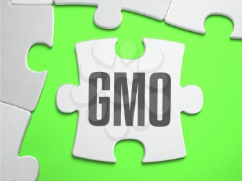GMO - Genetically Modified Organism - Jigsaw Puzzle with Missing Pieces. Bright Green Background. Close-up. 3d Illustration.