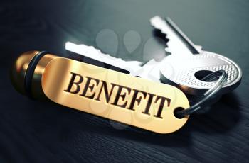 Keys with Word Benefit on Golden Label over Black Wooden Background. Closeup View, Selective Focus, 3D Render. Toned Image.