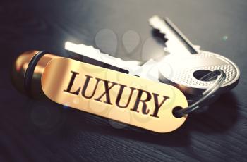 Keys and Golden Keyring with the Word Luxury over Black Wooden Table with Blur Effect. Toned Image.