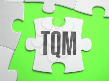 TQM - Total Quality Management - Jigsaw Puzzle with Missing Pieces. Bright Green Background. Close-up. 3d Illustration.