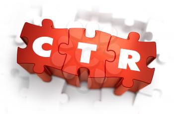 CTR - Click Through Rate - White Word on Red Puzzles on White Background. 3D Illustration
