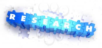 Research - Text on Blue Puzzles on White Background. 3D Render. 