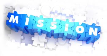 Mission - Text on Blue Puzzles on White Background. 3D Render. 