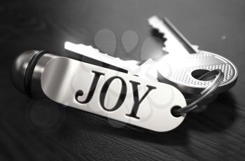JOYConcept. Keys with Keyring on Black Wooden Table. Closeup View, Selective Focus, 3D Render. Black and White Image.