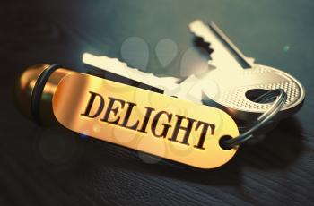 Delight Concept. Keys with Golden Keyring on Black Wooden Table. Closeup View, Selective Focus, 3D Render. Toned Image.