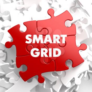 Smart Grid on Red Puzzle on White Background.