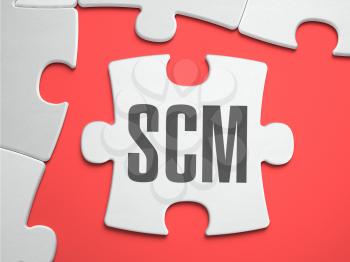 SCM - Supply Chain Management - Supply Chain Management - Text on Puzzle on the Place of Missing Pieces. Scarlett Background. Close-up. 3d Illustration.