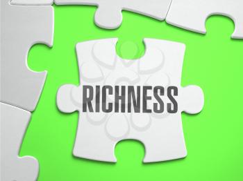 Richness - Jigsaw Puzzle with Missing Pieces. Bright Green Background. Close-up. 3d Illustration.