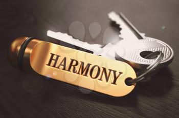 Keys with Word Harmony on Golden Label over Black Wooden Background. Closeup View, Selective Focus, 3D Render. Toned Image.