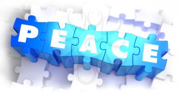 Peace - Text on Blue Puzzles on White Background. 3D Render. 