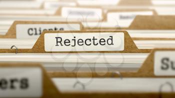 Rejected Concept. Word on Folder Register of Card Index. Selective Focus.