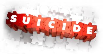 Suicide - Text on Red Puzzles with White Background. 3D Render. 