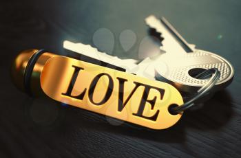 Love - Bunch of Keys with Text on Golden Keychain. Black Wooden Background. Closeup View with Selective Focus. 3D Illustration. Toned Image.