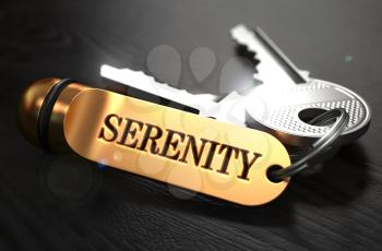 Keys with Word Serenity on Golden Label over Black Wooden Background. Closeup View, Selective Focus, 3D Render.
