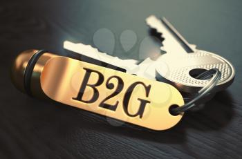 B2G - Business to Government - Concept. Keys with Golden Keyring on Black Wooden Table. Closeup View, Selective Focus, 3D Render. Toned Image.