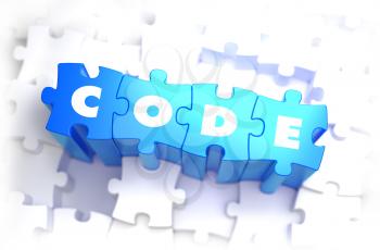 Code - White Word on Blue Puzzles on White Background. 3D Render. 