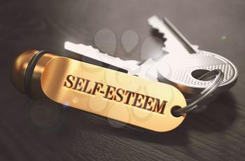 Self-Esteem - Bunch of Keys with Text on Golden Keychain. Black Wooden Background. Closeup View with Selective Focus. 3D Illustration. Toned Image.