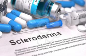 Scleroderma - Printed Diagnosis with Blurred Text. On Background of Medicaments Composition - Blue Pills, Injections and Syringe.