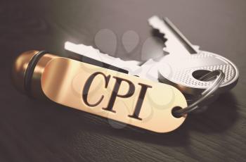 CPI - Consumer Price Index - Bunch of Keys with Text on Golden Keychain. Black Wooden Background. Closeup View with Selective Focus. 3D Illustration. Toned Image.
