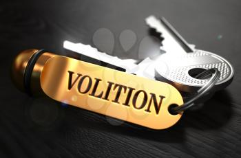 Volition Concept. Keys with Golden Keyring on Black Wooden Table. Closeup View, Selective Focus, 3D Render.