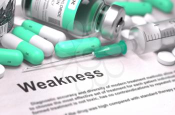 Weakness - Printed with Mint Green Pills, Injections and Syringe. Medical Concept with Selective Focus.