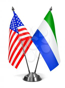 USA and Sierra Leone - Miniature Flags Isolated on White Background.