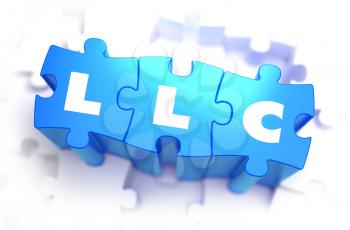 LLC - Limited Legal Liability - White Word on Blue Puzzles on White Background. 3D Render. 
