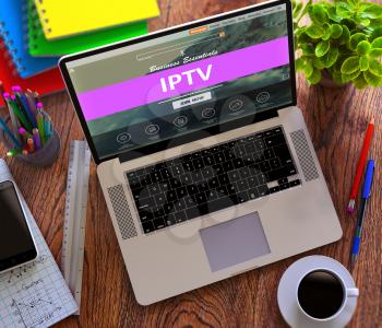 IPTV - Internet Protocol Television - on Laptop Screen. Office Working Concept.
