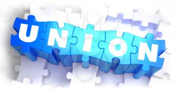 Union - White Word on Blue Puzzles on White Background. 3D Illustration.