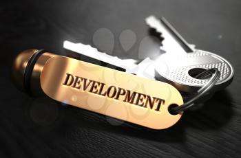 Keys with Word Development on Golden Label over Black Wooden Background. Closeup View, Selective Focus, 3D Render.