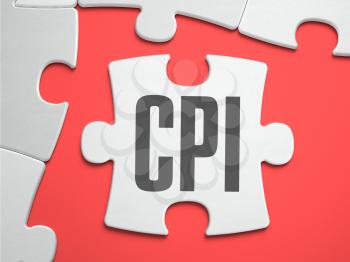 CPI - Consumer Price Index - Text on Puzzle on the Place of Missing Pieces. Scarlett Background. Close-up. 3d Illustration.