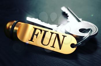 Keys and Golden Keyring with the Word Fun over Black Wooden Table with Blur Effect. Toned Image.