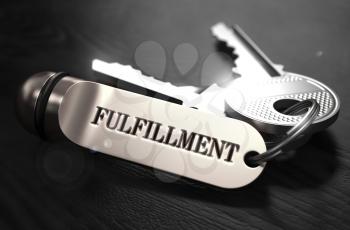Fulfillment Concept. Keys with Keyring on Black Wooden Table. Closeup View, Selective Focus, 3D Render. Black and White Image.