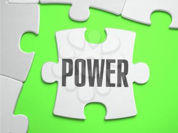 POWER - Jigsaw Puzzle with Missing Pieces. Bright Green Background. Close-up. 3d Illustration.