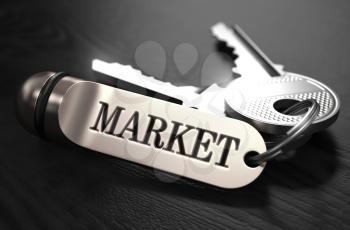 Market Concept. Keys with Keyring on Black Wooden Table. Closeup View, Selective Focus, 3D Render. Black and White Image.