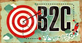 B2C Concept on Old Poster in Flat Design with Red Target, Rocket and Arrow. Business Concept.