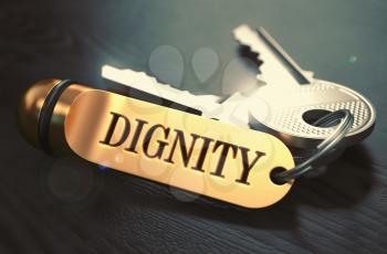 Dignity Concept. Keys with Golden Keyring on Black Wooden Table. Closeup View, Selective Focus, 3D Render. Toned Image.