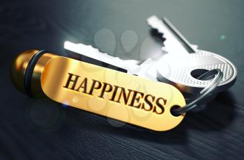 Keys to HAPPINESS - Concept on Golden Keychain over Black Wooden Background. Closeup View, Selective Focus, 3D Render. Toned Image.
