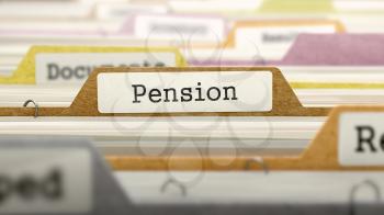 Pension Concept on File Label in Multicolor Card Index. Closeup View. Selective Focus. 