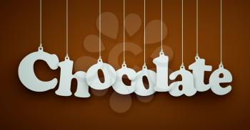 Chocolate - the word of the white letters hanging on the ropes on a brown background.
