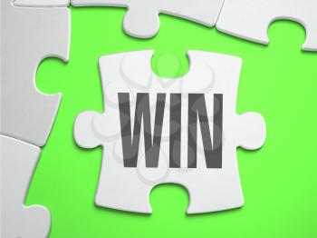 Win - Jigsaw Puzzle with Missing Pieces. Bright Green Background. Close-up. 3d Illustration.