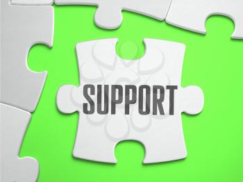 Support  - Jigsaw Puzzle with Missing Pieces. Bright Green Background. Close-up. 3d Illustration.