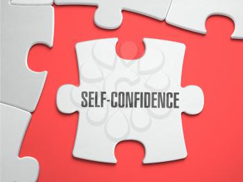 Self-Confidence - Text on Puzzle on the Place of Missing Pieces. Scarlett Background. Close-up. 3d Illustration.