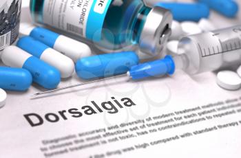 Diagnosis - Dorsalgia. Medical Report with Composition of Medicaments - Blue Pills, Injections and Syringe. Blurred Background with Selective Focus.