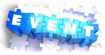 Event - White Word on Blue Puzzles on White Background. 3D Illustration.