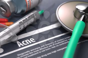 Diagnosis - Acne. Medical Concept with Blurred Text, Stethoscope, Pills and Syringe on Grey Background. Selective Focus.