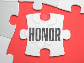 Honor - Text on Puzzle on the Place of Missing Pieces. Scarlett Background. Close-up. 3d Illustration.