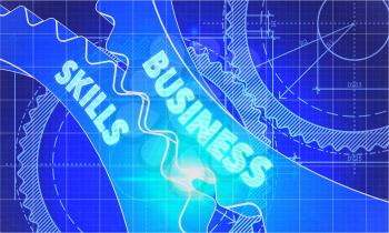 Business Skills Concept. Blueprint Background with Gears. Industrial Design. 3d illustration, Lens Flare.