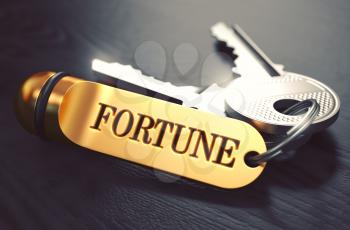 Keys to Fortune - Concept on Golden Keychain over Black Wooden Background. Closeup View, Selective Focus, 3D Render. Toned Image.